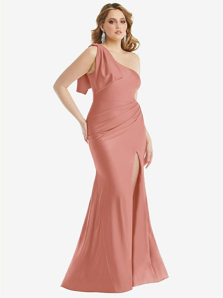 【STYLE: CS108】Cascading Bow One-Shoulder Stretch Satin Mermaid Dress with Slight Train【COLOR: Desert Rose】
