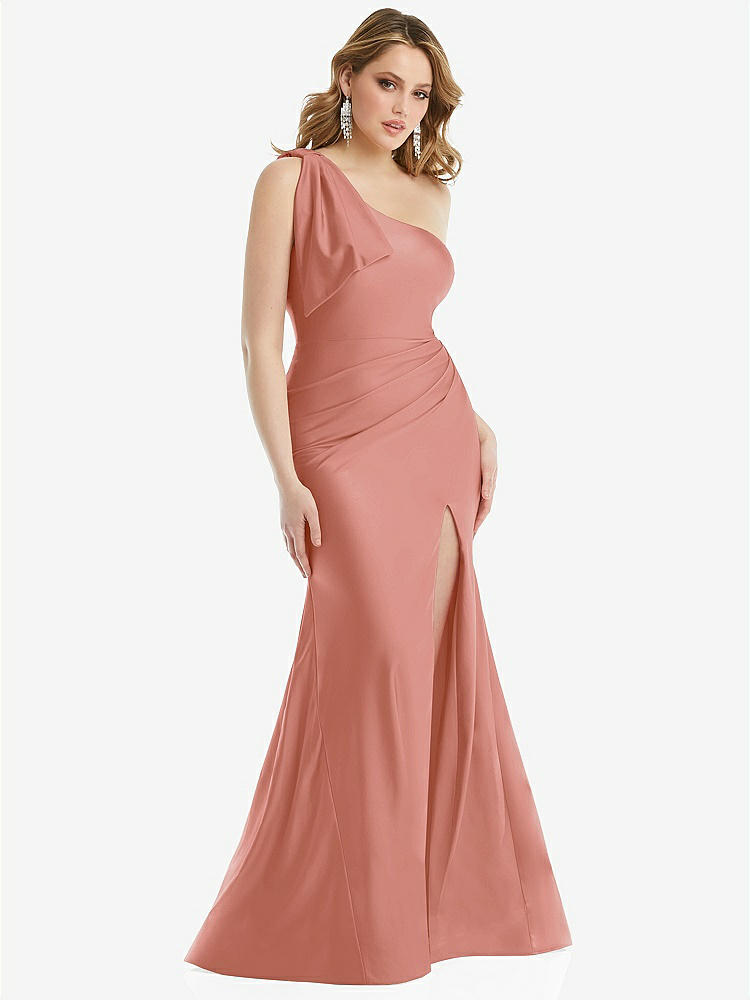 【STYLE: CS108】Cascading Bow One-Shoulder Stretch Satin Mermaid Dress with Slight Train【COLOR: Desert Rose】