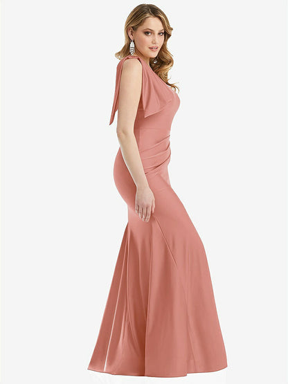 【STYLE: CS108】Cascading Bow One-Shoulder Stretch Satin Mermaid Dress with Slight Train【COLOR: Desert Rose】