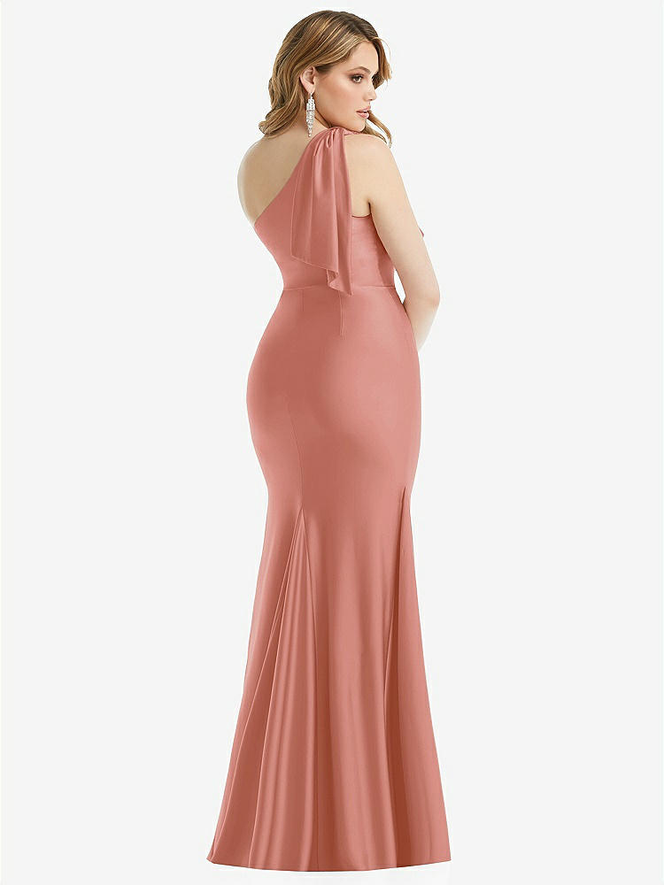 【STYLE: CS108】Cascading Bow One-Shoulder Stretch Satin Mermaid Dress with Slight Train【COLOR: Desert Rose】