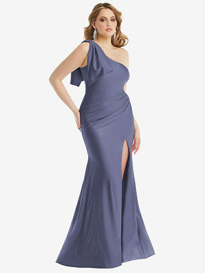 【STYLE: CS108】Cascading Bow One-Shoulder Stretch Satin Mermaid Dress with Slight Train【COLOR: French Blue】