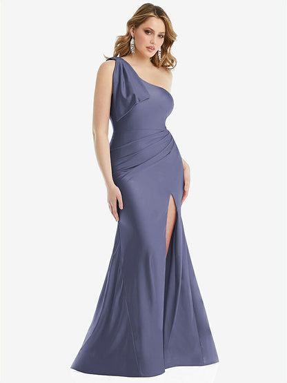 【STYLE: CS108】Cascading Bow One-Shoulder Stretch Satin Mermaid Dress with Slight Train【COLOR: French Blue】