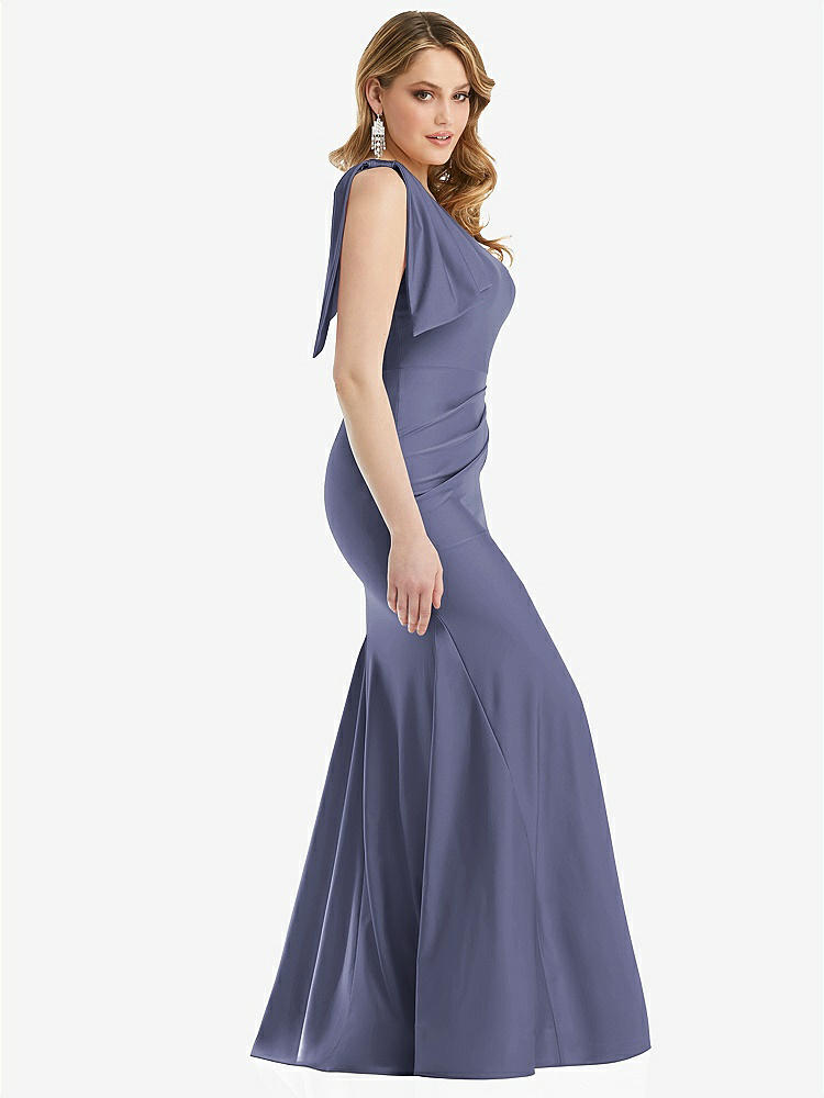 【STYLE: CS108】Cascading Bow One-Shoulder Stretch Satin Mermaid Dress with Slight Train【COLOR: French Blue】