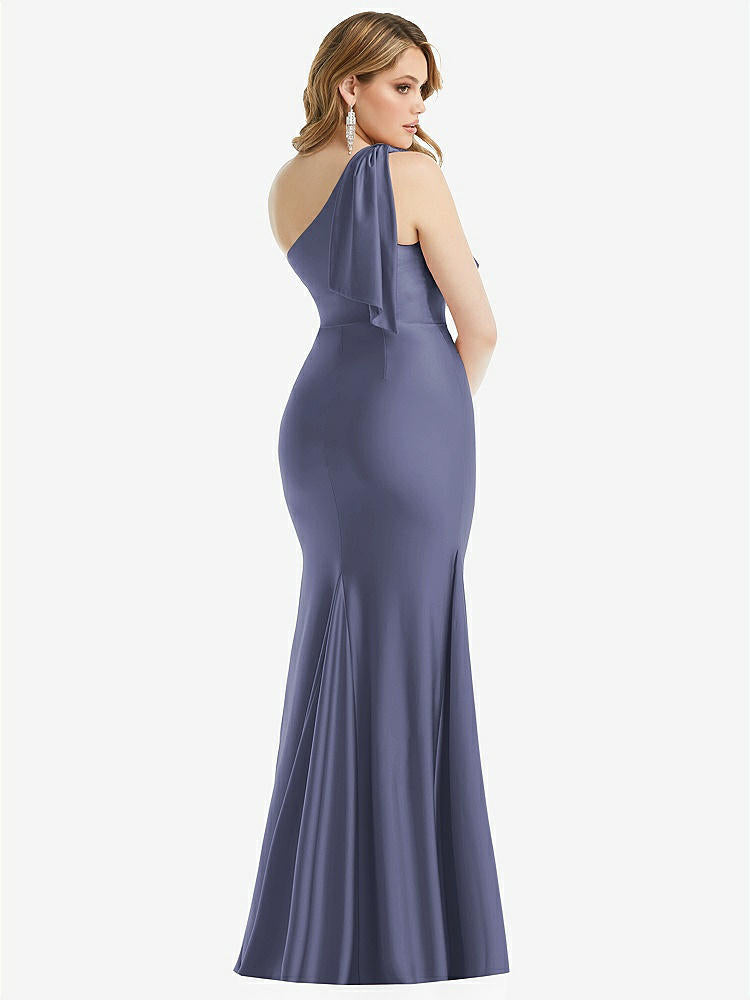 【STYLE: CS108】Cascading Bow One-Shoulder Stretch Satin Mermaid Dress with Slight Train【COLOR: French Blue】