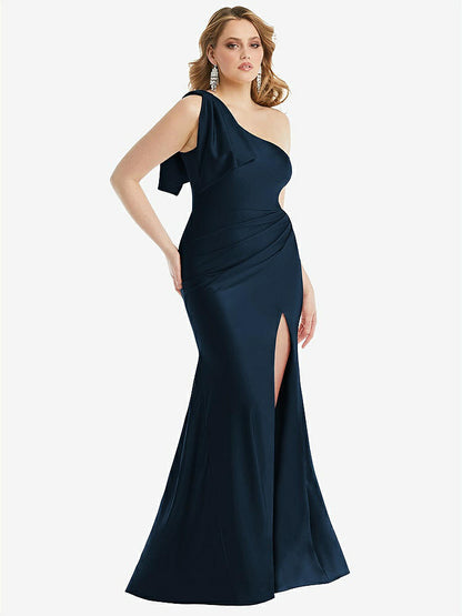 【STYLE: CS108】Cascading Bow One-Shoulder Stretch Satin Mermaid Dress with Slight Train【COLOR: Midnight Navy】