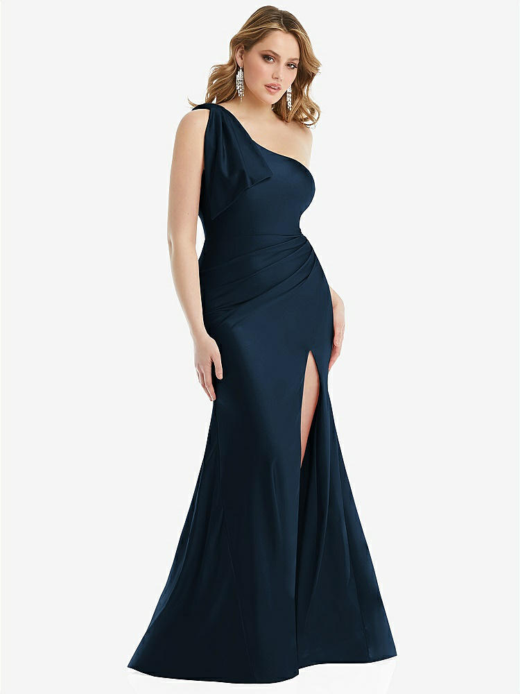 【STYLE: CS108】Cascading Bow One-Shoulder Stretch Satin Mermaid Dress with Slight Train【COLOR: Midnight Navy】