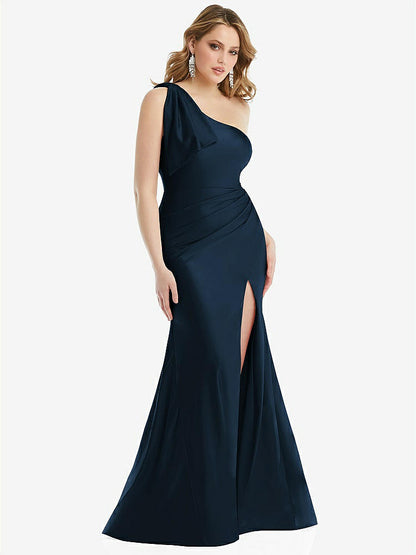 【STYLE: CS108】Cascading Bow One-Shoulder Stretch Satin Mermaid Dress with Slight Train【COLOR: Midnight Navy】