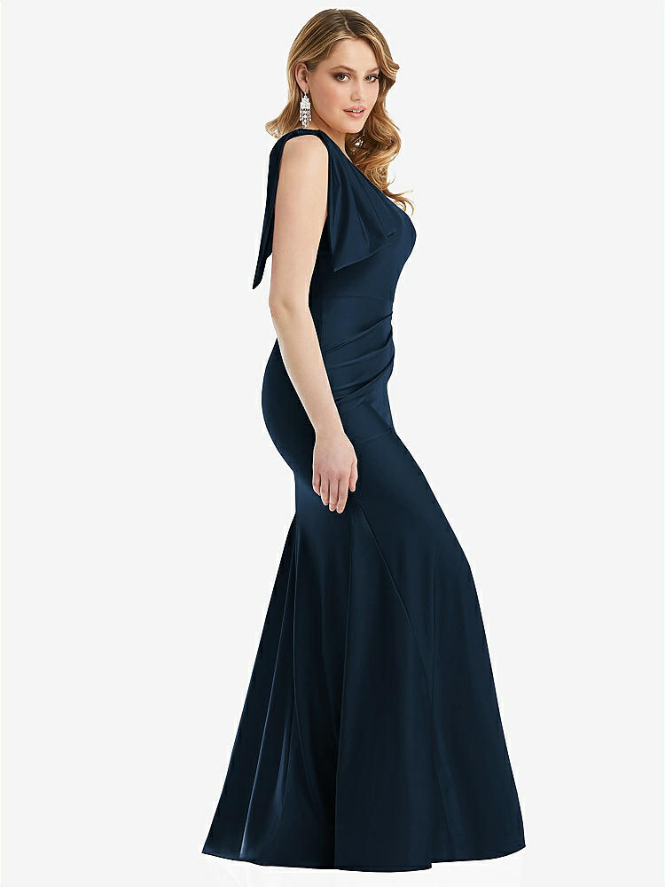 【STYLE: CS108】Cascading Bow One-Shoulder Stretch Satin Mermaid Dress with Slight Train【COLOR: Midnight Navy】