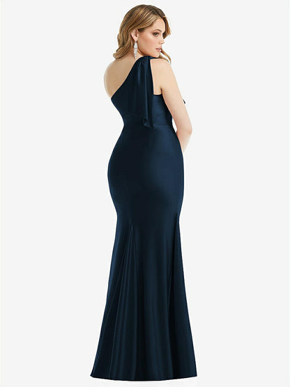 【STYLE: CS108】Cascading Bow One-Shoulder Stretch Satin Mermaid Dress with Slight Train【COLOR: Midnight Navy】