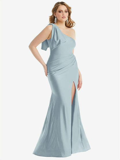 【STYLE: CS108】Cascading Bow One-Shoulder Stretch Satin Mermaid Dress with Slight Train【COLOR: Mist】