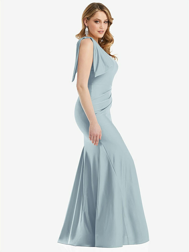 【STYLE: CS108】Cascading Bow One-Shoulder Stretch Satin Mermaid Dress with Slight Train【COLOR: Mist】