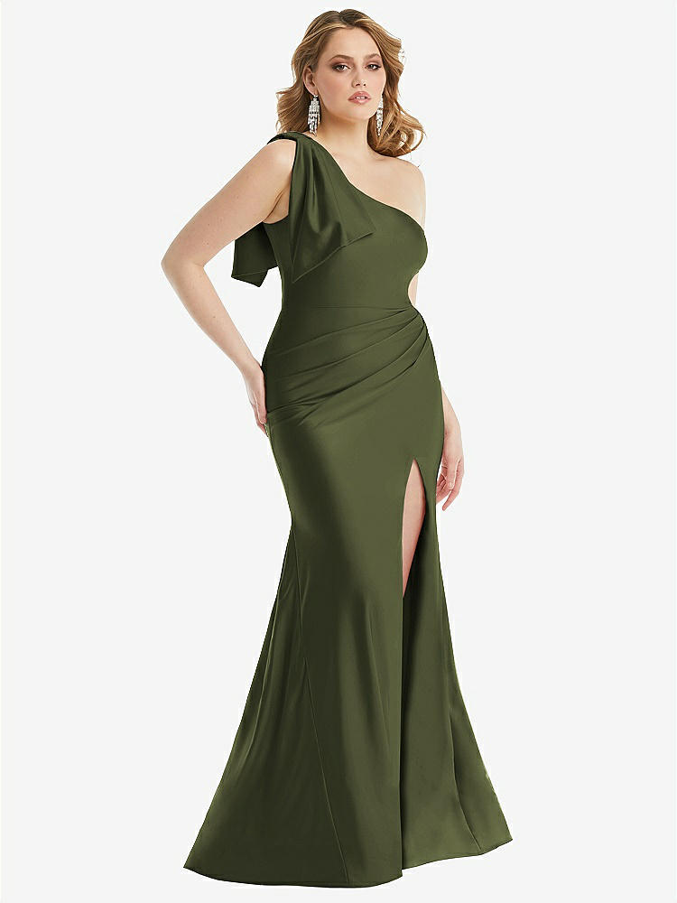 【STYLE: CS108】Cascading Bow One-Shoulder Stretch Satin Mermaid Dress with Slight Train【COLOR: Olive Green】