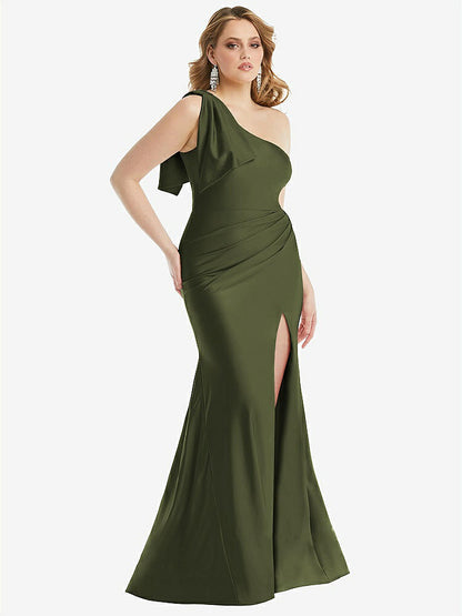 【STYLE: CS108】Cascading Bow One-Shoulder Stretch Satin Mermaid Dress with Slight Train【COLOR: Olive Green】