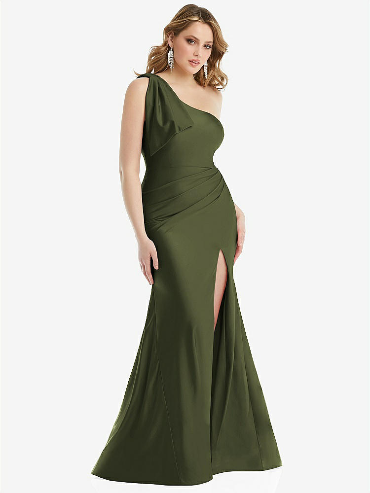 【STYLE: CS108】Cascading Bow One-Shoulder Stretch Satin Mermaid Dress with Slight Train【COLOR: Olive Green】