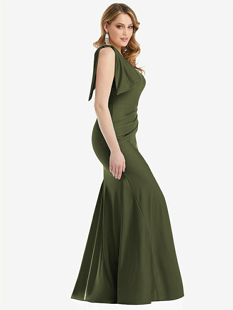 【STYLE: CS108】Cascading Bow One-Shoulder Stretch Satin Mermaid Dress with Slight Train【COLOR: Olive Green】
