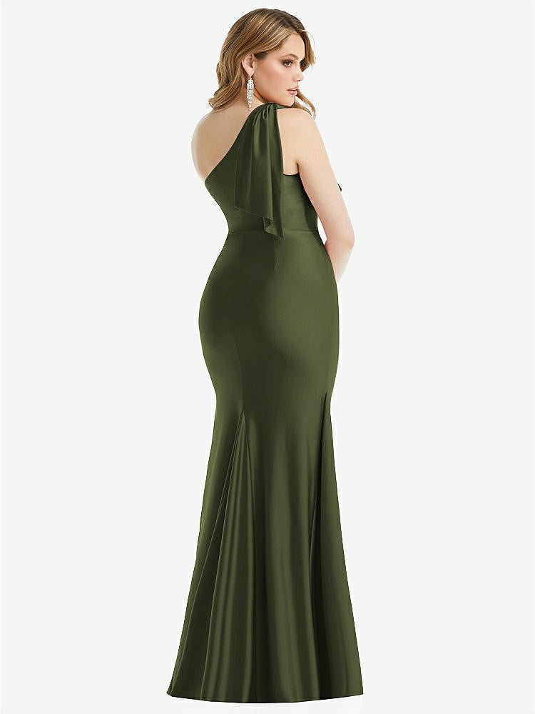 【STYLE: CS108】Cascading Bow One-Shoulder Stretch Satin Mermaid Dress with Slight Train【COLOR: Olive Green】