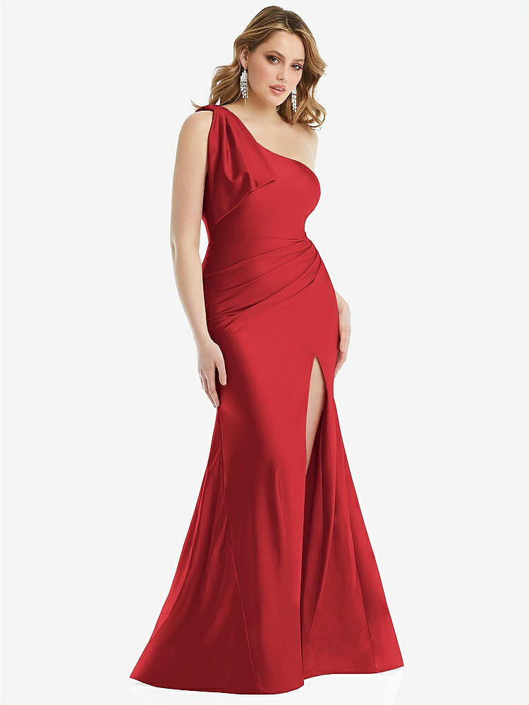 【STYLE: CS108】Cascading Bow One-Shoulder Stretch Satin Mermaid Dress with Slight Train【COLOR: Poppy Red】