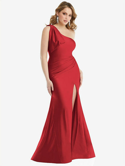 【STYLE: CS108】Cascading Bow One-Shoulder Stretch Satin Mermaid Dress with Slight Train【COLOR: Poppy Red】