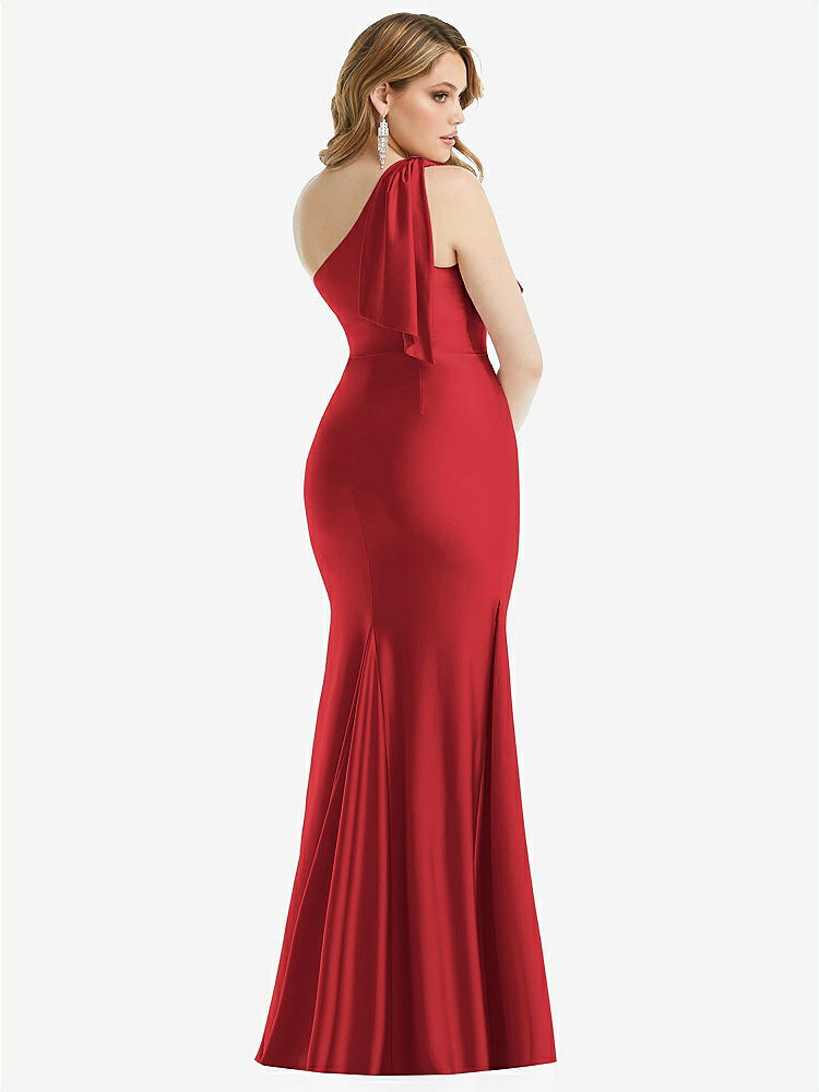 【STYLE: CS108】Cascading Bow One-Shoulder Stretch Satin Mermaid Dress with Slight Train【COLOR: Poppy Red】