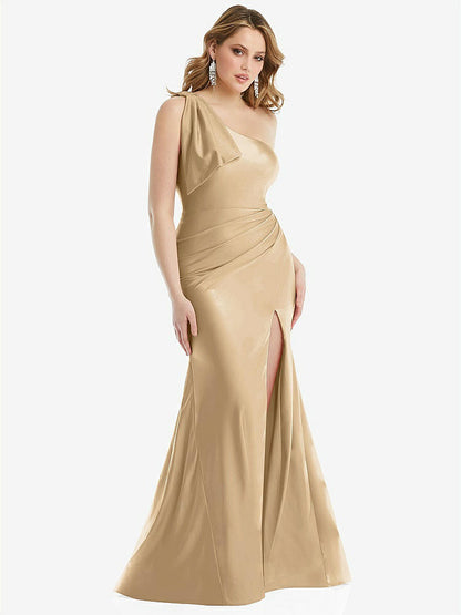 【STYLE: CS108】Cascading Bow One-Shoulder Stretch Satin Mermaid Dress with Slight Train【COLOR: Soft Gold】