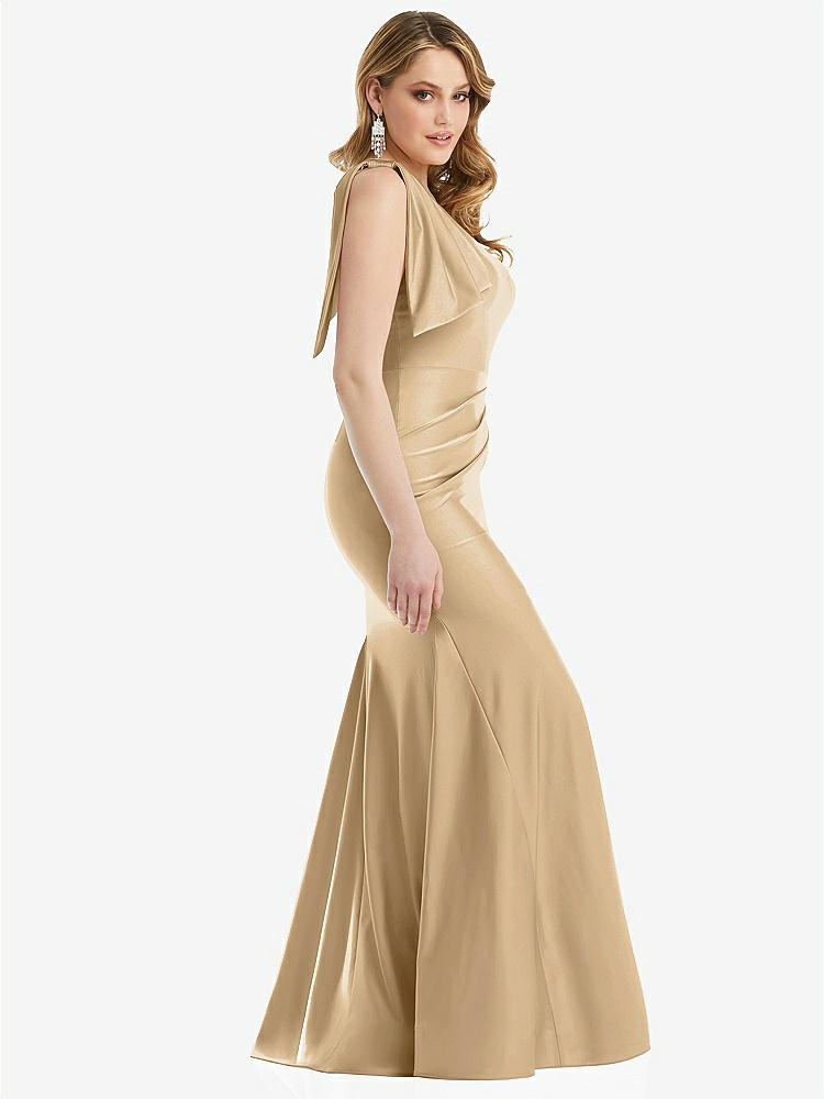 【STYLE: CS108】Cascading Bow One-Shoulder Stretch Satin Mermaid Dress with Slight Train【COLOR: Soft Gold】