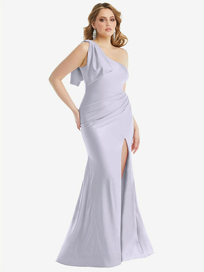 【STYLE: CS108】Cascading Bow One-Shoulder Stretch Satin Mermaid Dress with Slight Train【COLOR: Silver Dove】