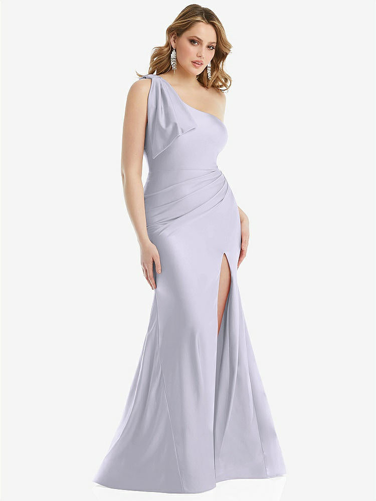 【STYLE: CS108】Cascading Bow One-Shoulder Stretch Satin Mermaid Dress with Slight Train【COLOR: Silver Dove】