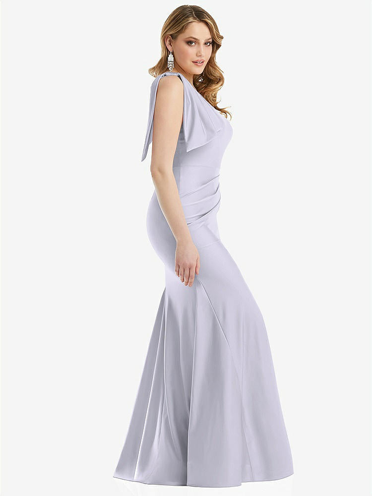 【STYLE: CS108】Cascading Bow One-Shoulder Stretch Satin Mermaid Dress with Slight Train【COLOR: Silver Dove】