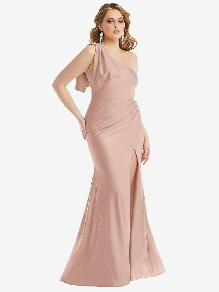 【STYLE: CS108】Cascading Bow One-Shoulder Stretch Satin Mermaid Dress with Slight Train【COLOR: Toasted Sugar】