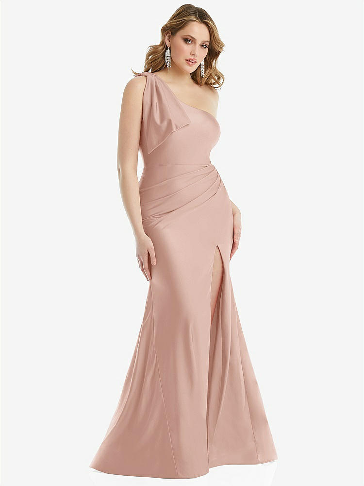 【STYLE: CS108】Cascading Bow One-Shoulder Stretch Satin Mermaid Dress with Slight Train【COLOR: Toasted Sugar】