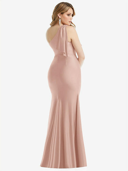 【STYLE: CS108】Cascading Bow One-Shoulder Stretch Satin Mermaid Dress with Slight Train【COLOR: Toasted Sugar】