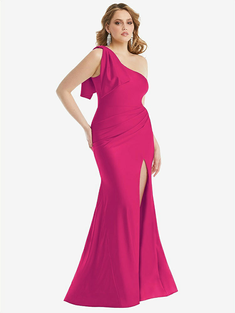 【STYLE: CS108】Cascading Bow One-Shoulder Stretch Satin Mermaid Dress with Slight Train【COLOR: Think Pink】