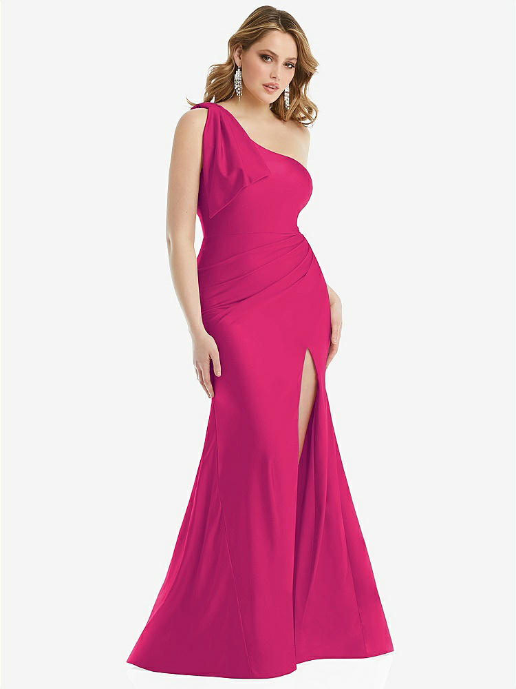 【STYLE: CS108】Cascading Bow One-Shoulder Stretch Satin Mermaid Dress with Slight Train【COLOR: Think Pink】