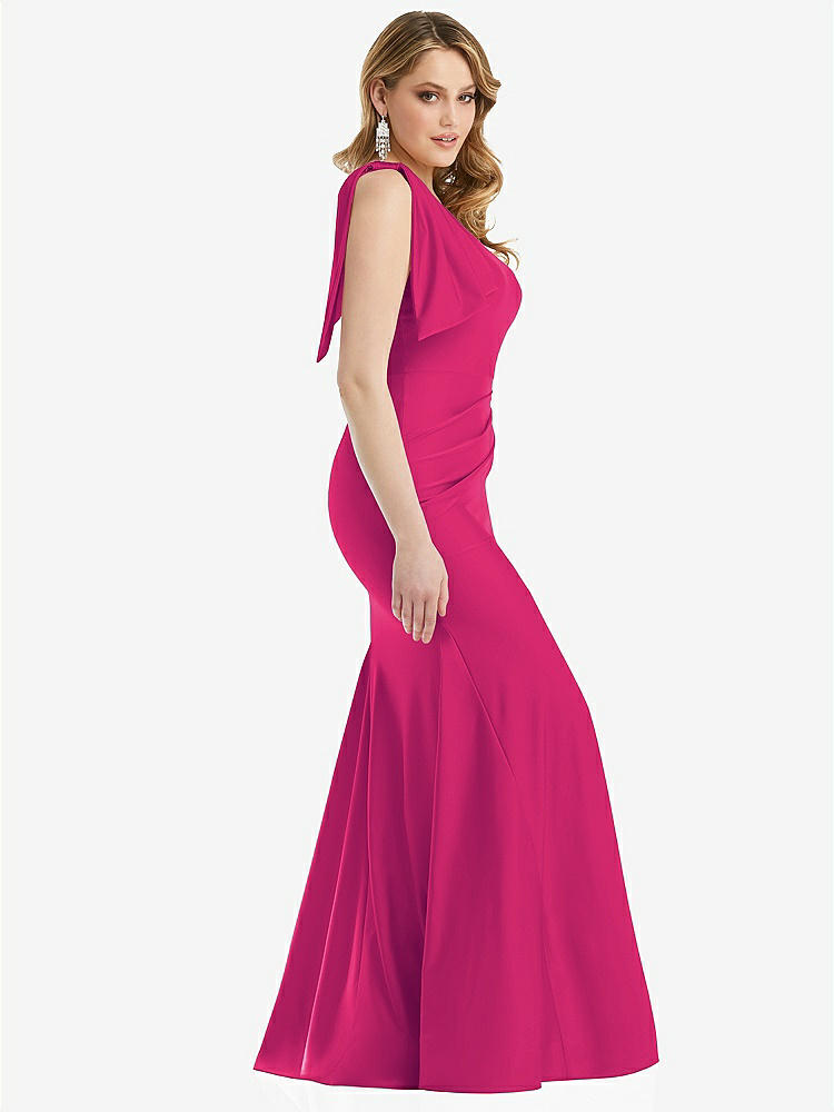 【STYLE: CS108】Cascading Bow One-Shoulder Stretch Satin Mermaid Dress with Slight Train【COLOR: Think Pink】