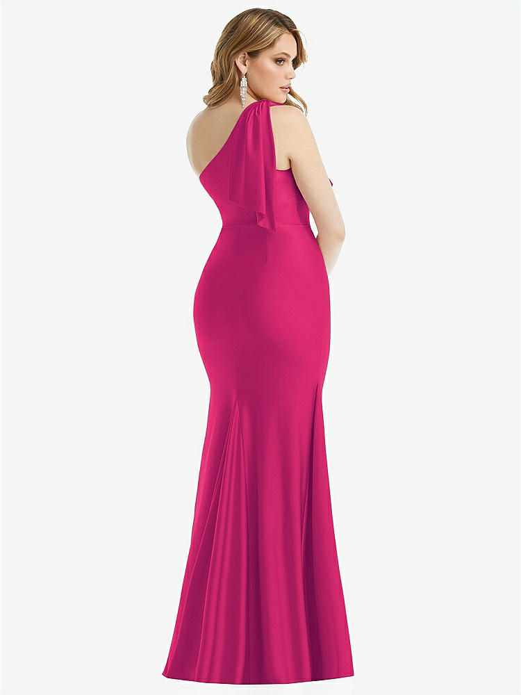 【STYLE: CS108】Cascading Bow One-Shoulder Stretch Satin Mermaid Dress with Slight Train【COLOR: Think Pink】