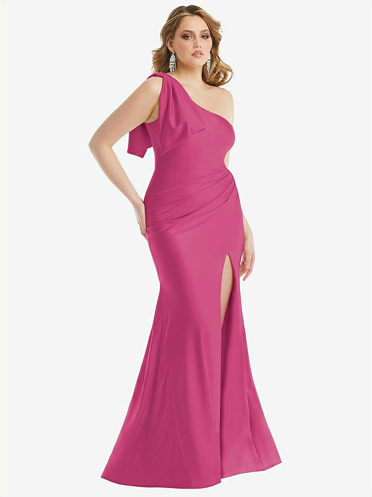 【STYLE: CS108】Cascading Bow One-Shoulder Stretch Satin Mermaid Dress with Slight Train【COLOR: Tea Rose】