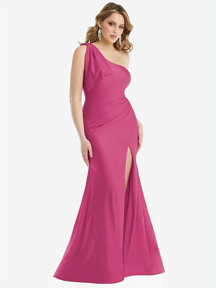 【STYLE: CS108】Cascading Bow One-Shoulder Stretch Satin Mermaid Dress with Slight Train【COLOR: Tea Rose】
