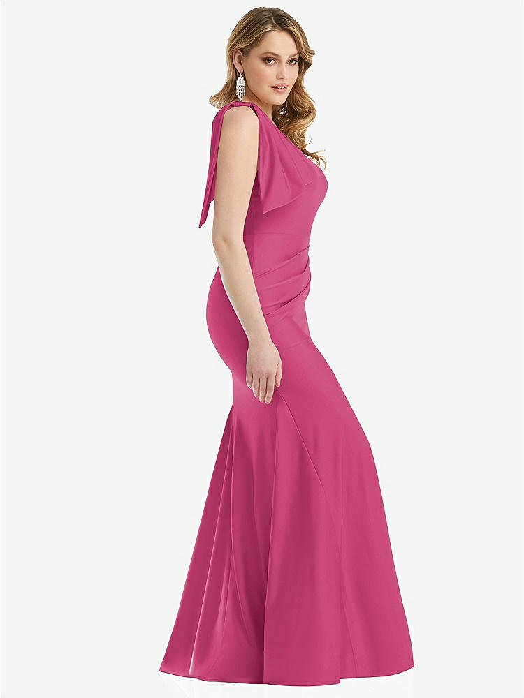 【STYLE: CS108】Cascading Bow One-Shoulder Stretch Satin Mermaid Dress with Slight Train【COLOR: Tea Rose】