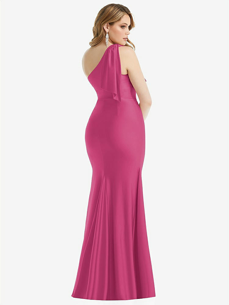 【STYLE: CS108】Cascading Bow One-Shoulder Stretch Satin Mermaid Dress with Slight Train【COLOR: Tea Rose】