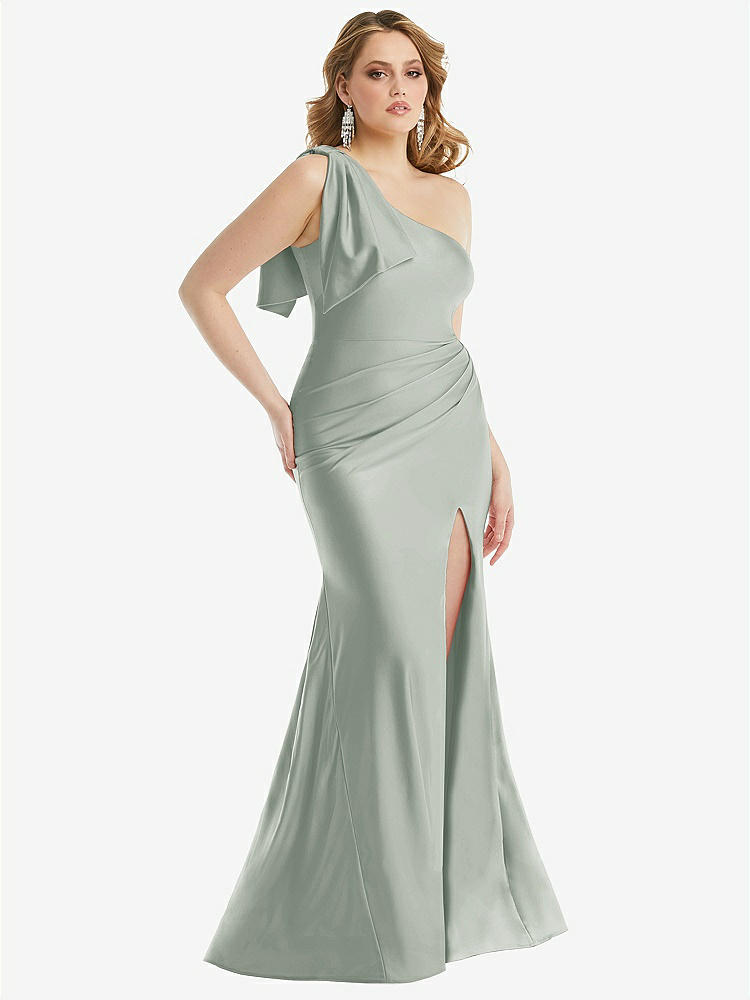 【STYLE: CS108】Cascading Bow One-Shoulder Stretch Satin Mermaid Dress with Slight Train【COLOR: Willow Green】