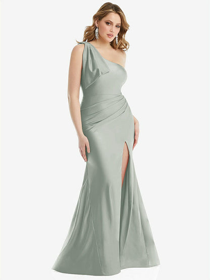 【STYLE: CS108】Cascading Bow One-Shoulder Stretch Satin Mermaid Dress with Slight Train【COLOR: Willow Green】