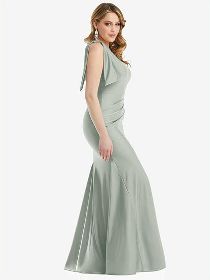 【STYLE: CS108】Cascading Bow One-Shoulder Stretch Satin Mermaid Dress with Slight Train【COLOR: Willow Green】