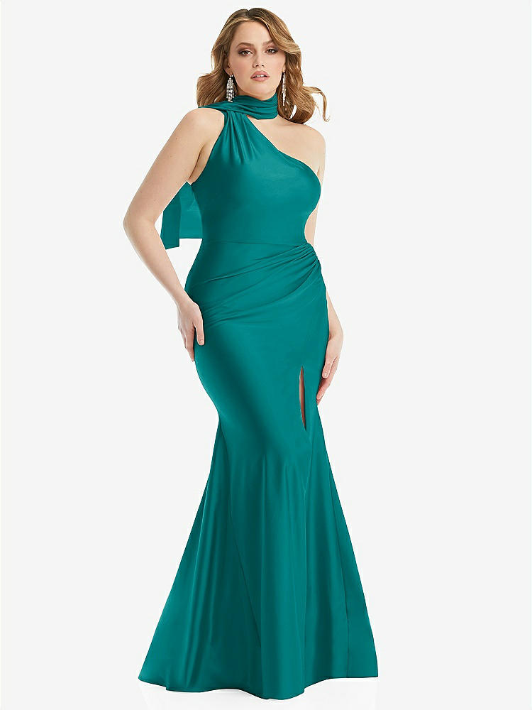 【STYLE: CS109】Scarf Neck One-Shoulder Stretch Satin Mermaid Dress with Slight Train【COLOR: Peacock Teal】