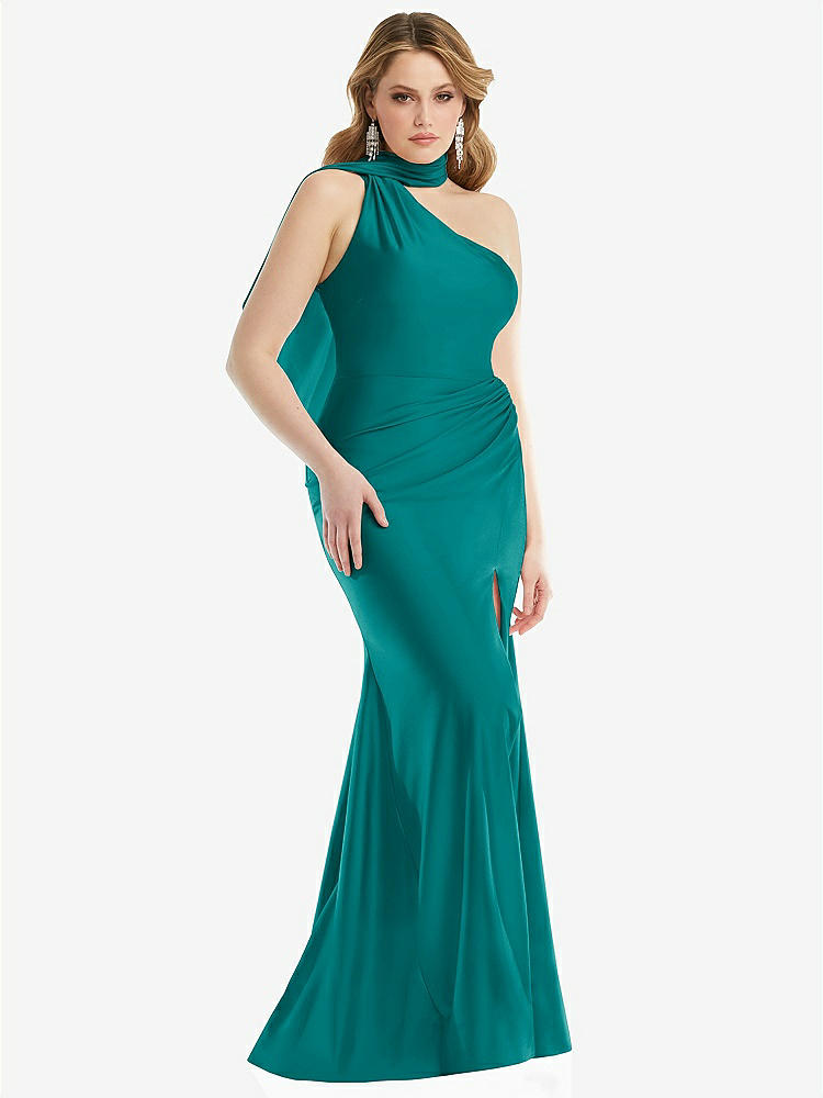 【STYLE: CS109】Scarf Neck One-Shoulder Stretch Satin Mermaid Dress with Slight Train【COLOR: Peacock Teal】