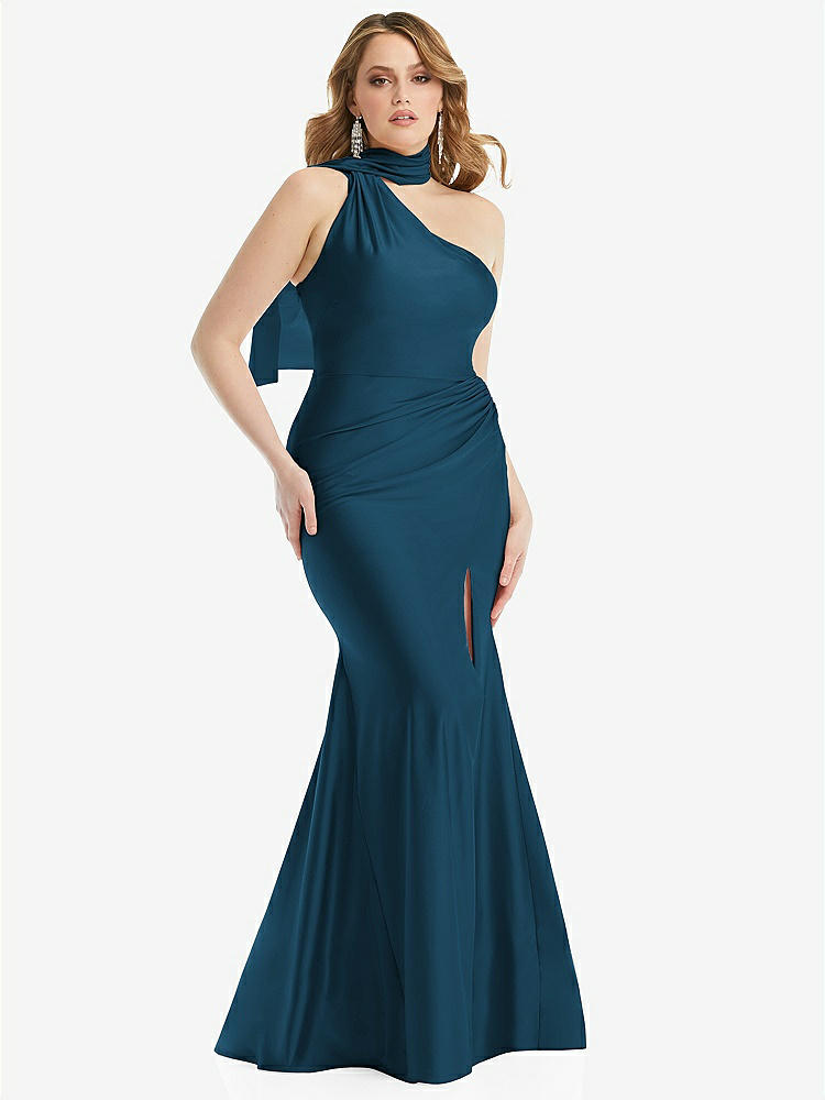 【STYLE: CS109】Scarf Neck One-Shoulder Stretch Satin Mermaid Dress with Slight Train【COLOR: Atlantic Blue】