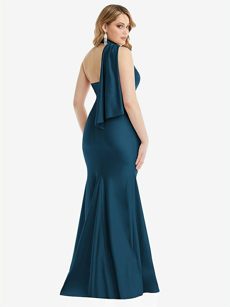 【STYLE: CS109】Scarf Neck One-Shoulder Stretch Satin Mermaid Dress with Slight Train【COLOR: Atlantic Blue】