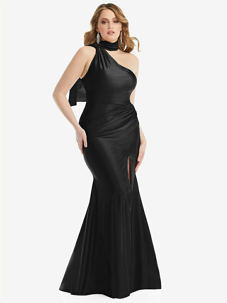【STYLE: CS109】Scarf Neck One-Shoulder Stretch Satin Mermaid Dress with Slight Train【COLOR: Black】