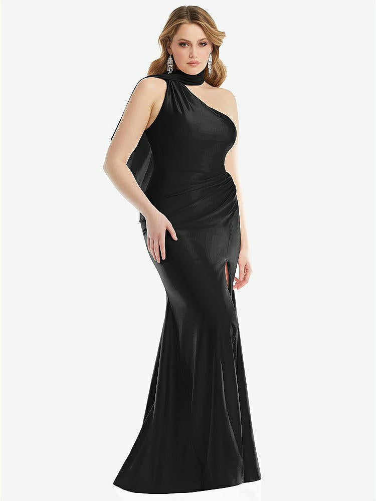 【STYLE: CS109】Scarf Neck One-Shoulder Stretch Satin Mermaid Dress with Slight Train【COLOR: Black】