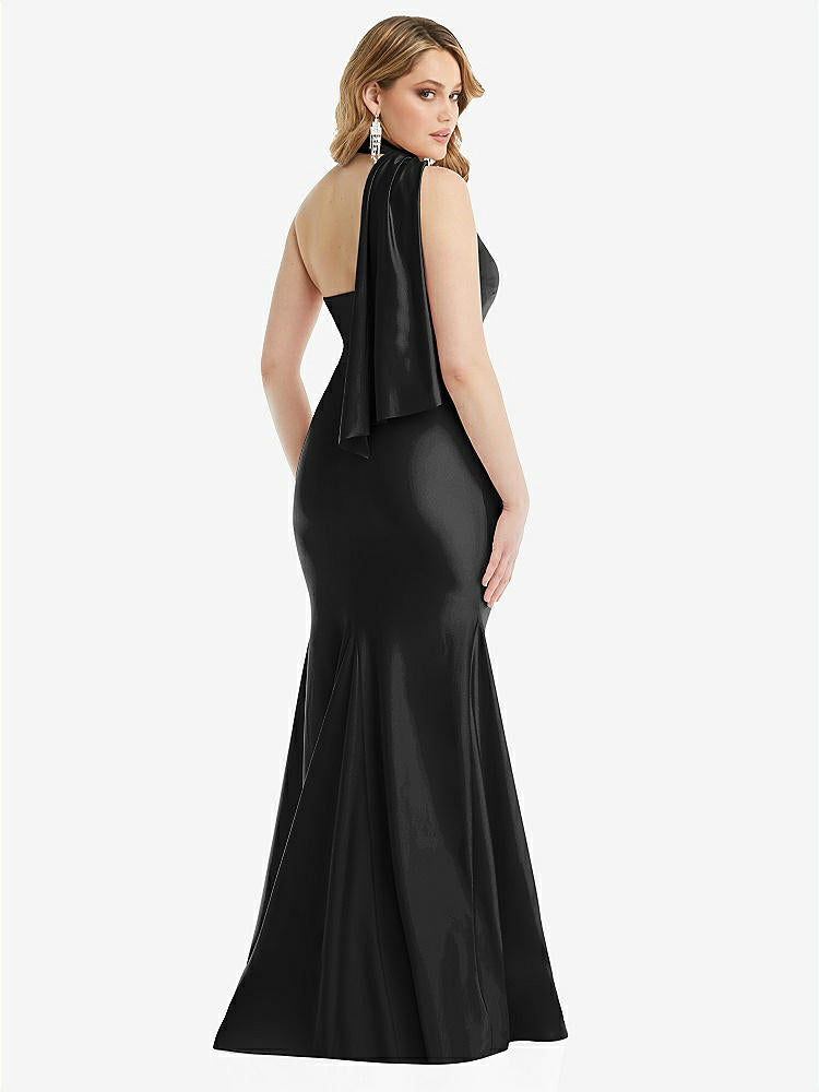 【STYLE: CS109】Scarf Neck One-Shoulder Stretch Satin Mermaid Dress with Slight Train【COLOR: Black】