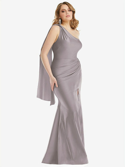 【STYLE: CS109】Scarf Neck One-Shoulder Stretch Satin Mermaid Dress with Slight Train【COLOR: Cashmere Gray】